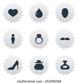 Vector Illustration Set Of Simple Glamour Icons. Elements Person, Whisker, Elegant Footwear And Other Synonyms Genntleman, Love And Bald.