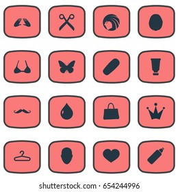 Vector Illustration Set Of Simple Glamour Icons. Elements Beauty Queen, Beautiful Face, Nature And Other Synonyms Wardrobe, Sale And Queen.