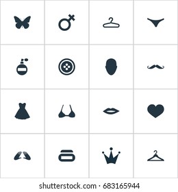 Vector Illustration Set Of Simple Glamour Icons. Elements Mustaches, Heart, Hanger And Other Synonyms Perfume, Moisturizer And Love.