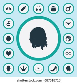 Vector Illustration Set Of Simple Glamour Icons. Elements Heart, Spectacles, Heirdressing And Other Synonyms Panties, Wardrobe And Glasses.