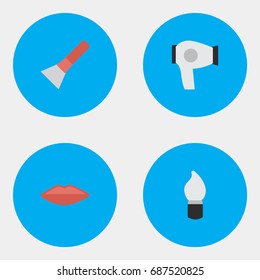 Vector Illustration Set Of Simple Glamour Icons. Elements Drying Machine, Scrub, Brush And Other Synonyms Drying, Lips And Lipstick.
