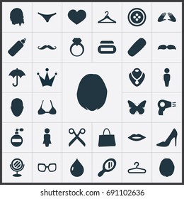 Vector Illustration Set Of Simple Glamour Icons. Elements Brasserie, Blowdryer, Mustaches And Other Synonyms Glasses, Butterfly And Drop.