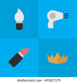 Vector Illustration Set Of Simple Glamour Icons. Elements Scrub, Pomade, Blow-Dryer And Other Synonyms Scrub, Crown And Cosmetic.