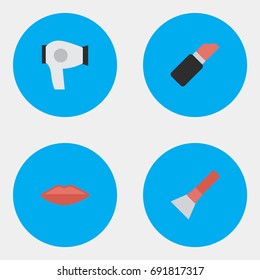 Vector Illustration Set Of Simple Glamour Icons. Elements Brush, Drying Machine, Pomade And Other Synonyms Hairdryer, Kiss And Pomade.