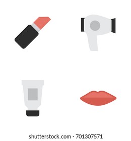 Vector Illustration Set Of Simple Glamour Icons. Elements Drying Machine, Toothpaste, Lips And Other Synonyms Bottle, Cream And Lipstick.