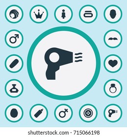 Vector Illustration Set Of Simple Glamour Icons. Elements Man, Heart, Styler And Other Synonyms Royal, Sewing And Hairdressing.
