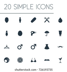 Vector Illustration Set Of Simple Glamour Icons. Elements Haircut, Natural Ingridients, Beautiful Face And Other Synonyms Moisturizer, Blowdryer And Person.