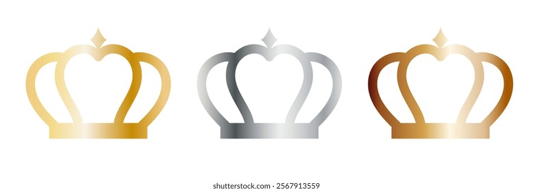 Vector illustration set of simple gold, silver, and bronze hollow crowns