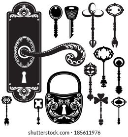 Vector illustration of a set of simple graphic black and white keys, lock and handle suitable for a tattoo or as design elements