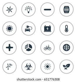 Vector Illustration Set Of Simple Green Energy Icons. Elements Sunglow, Fahrenheit, Biology Peril And Other Synonyms Sunglow, Solar And Day-Star.