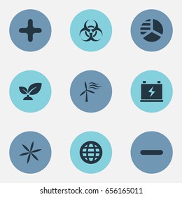 Vector Illustration Set Of Simple Green Icons. Elements Biology Peril, Earth, Diagram And Other Synonyms Battery, Planet And Accumulator.