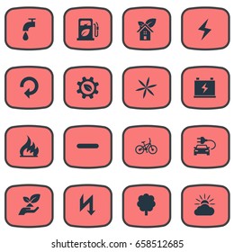 Vector Illustration Set Of Simple Green Icons. Elements Care, Biological Engineering, Petrol And Other Synonyms Weather, Danger And Bicycle.