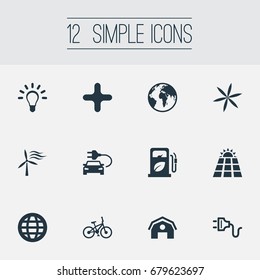 Vector Illustration Set Of Simple Green Icons. Elements Windmill, Petrol, Earth And Other Synonyms Fuel, House And Earth.