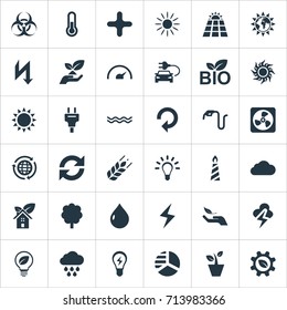 Vector Illustration Set Of Simple Green Icons. Elements Solar Energy, Globe, Fahrenheit And Other Synonyms Cloudburst, Overcast And Add.