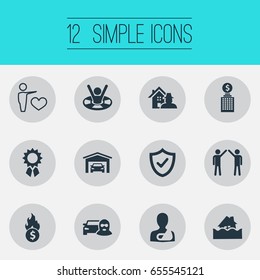 Vector Illustration Set Of Simple Guarantee Icons. Elements Building, Property Break-In, Drowning Man And Other Synonyms Torrent, Accord And Safeguard.