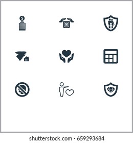 Vector Illustration Set Of Simple Guarantee Icons. Elements Building, Tornado, Danger And Other Synonyms Dollar, Heart And Shield.