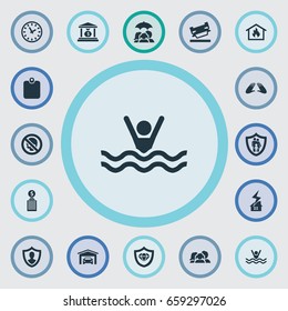 Vector Illustration Set Of Simple Guarantee Icons. Elements Banking House, Chronometr, Home Protect  From Fire And Other Synonyms Identity, Shield And Fire.