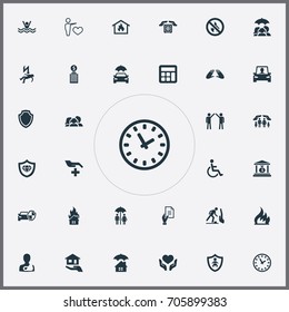 Vector Illustration Set Of Simple Guarantee Icons. Elements Job Accord, Shield, Driving Licence And Other Synonyms Protect, Injured And Family.