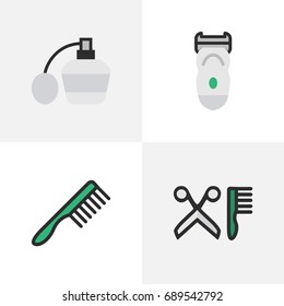 Vector Illustration Set Of Simple Hairdresser Icons. Elements Electronic, Hairbrush, Comb And Other Synonyms Machine, Bottle And Tool.