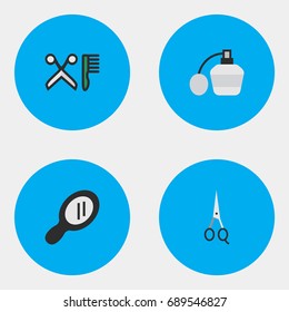Vector Illustration Set Of Simple Hairdresser Icons. Elements Glass, Comb, Scissors And Other Synonyms Mirror, Hairdresser And Clippers.