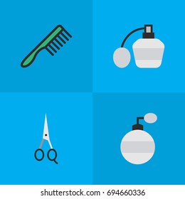 Vector Illustration Set Of Simple Hairdresser Icons. Elements Hairbrush, Scissors, Perfume And Other Synonyms Scissors, Comb And Hairbrush.