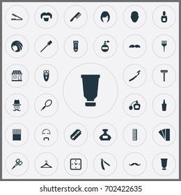 Vector Illustration Set Of Simple Hairdresser Icons. Elements Cut Tool, Cosmetic Bottle, Hair And Other Synonyms Disposable, Beauty And Container.
