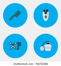 Vector Illustration Set Of Simple Hairdresser Icons. Elements Shaving Machine, Comb, Perfume And Other Synonyms Tool, Perfume And Shaver.