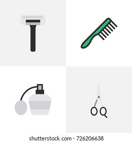 Vector Illustration Set Of Simple Hairdresser Icons. Elements Scissors, Hairbrush, Perfume And Other Synonyms Shaver, Blade And Shear.