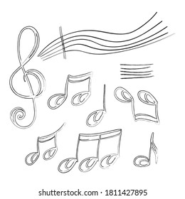 Vektorgrafik-Set mit einem handgezeichneten, handgezeichneten Notendesign-Element im Doodle-Stil einzeln auf weißem Hintergrund.