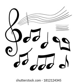 Vector illustration set of simple hand drawn music note design element in doodle style isolated on white background.