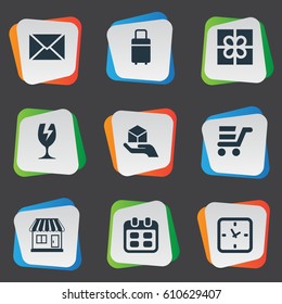 Vector Illustration Set Of Simple Handing Icons. Elements Packaging, Day, Pushcart And Other Synonyms Gift, Watch And Date.