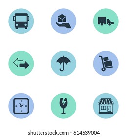 Vector Illustration Set Of Simple Handing Icons. Elements Packaging, Gingham, Minutes And Other Synonyms Shipping, Arrow And Baggage.