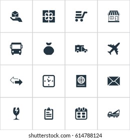 Vector Illustration Set Of Simple Handing Icons. Elements Caravan , Holdall , Hand Synonyms Arrow, Present And Bus.