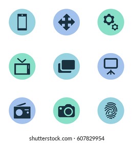 Vector Illustration Set Of Simple Hardware Icons. Elements Layout, Camera, Tuner And Other Synonyms Projector, Radio And Document.