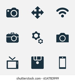 Vector Illustration Set Of Simple Hardware Icons. Elements Save, Options, Television And Other Synonyms Connection, Tv And Wireless.