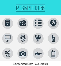 Vector Illustration Set Of Simple Hardware Icons. Elements Camera, Camcorder, Recording And Other Synonyms Contact, Film And Chip.