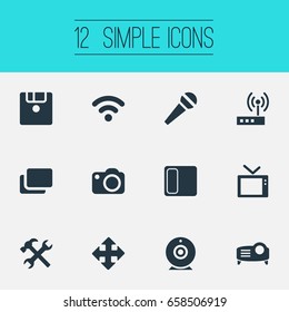 Vector Illustration Set Of Simple Hardware Icons. Elements Camera, Move, Save And Other Synonyms Speaker, Interface And Videochat.