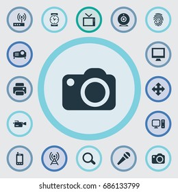 Vector Illustration Set Of Simple Hardware Icons. Elements Move, Search, Show And Other Synonyms Monitor, Show And Thumbprint.