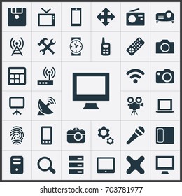 Vector Illustration Set Of Simple Hardware Icons. Elements Touchpad, Widen, Touchscreen And Other Synonyms Communication, Search And Fingerprint.