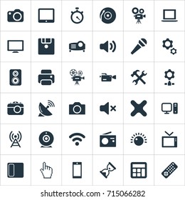 Vector Illustration Set Of Simple Hardware Icons. Elements Motor, Sound, Cinematography And Other Synonyms Cd, Pad And Phone.