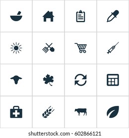 Vector Illustration Set Of Simple Harvest Icons. Elements Wheat, Cow, Ranch Home And Other Synonyms Local, Horticulture And Cart.