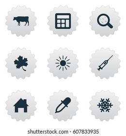 Vector Illustration Set Of Simple Harvest Icons. Elements Calculator, Snowflake, Sunshine And Other Synonyms Sunlight, House And Frond.