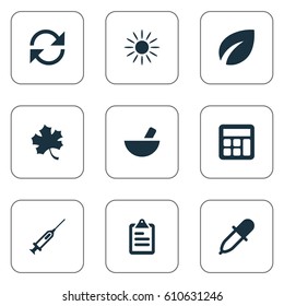 Vector Illustration Set Of Simple Harvest Icons. Elements Refresh, Pipette, Sunshine And Other Synonyms Recycle, Remedy And Drug.