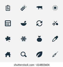 Vector Illustration Set Of Simple Harvest Icons. Elements Sack, Calculator, Syringe And Other Synonyms Data, Dropper And Leaf.