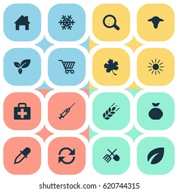 Vector Illustration Set Of Simple Harvest Icons. Elements Virus, Wheat, Plant And Other Synonyms Pipette, Bacterium And Medicine.