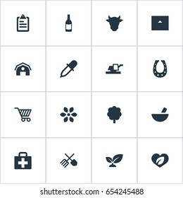 Vector Illustration Set Of Simple Harvest Icons. Elements Farmhouse, Medicament, Farming Machinery And Other Synonyms Equipment, Horseshoe And Information.