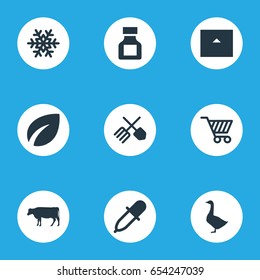 Vector Illustration Set Of Simple Harvest Icons. Elements Pesticide, Poultry, Horticulture Equipment And Other Synonyms Frost, Pipette And Bottle.