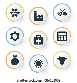 Vector Illustration Set Of Simple Harvest Icons. Elements Horticulture Equipment, Medical Kit, Heat And Other Synonyms Sunshine, Summer And Kit.