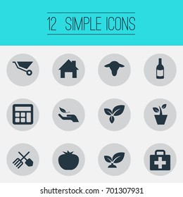 Vector Illustration Set Of Simple Harvest Icons. Elements Alcohol Beverage, Horticulture Equipment, Buffalo And Other Synonyms Cattle, Math And Equipment.