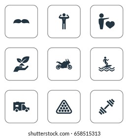 Vector Illustration Set Of Simple Health Icons. Elements Barber, Weightlifting, Medicine And Other Synonyms Travel, Billiards And Ocean.